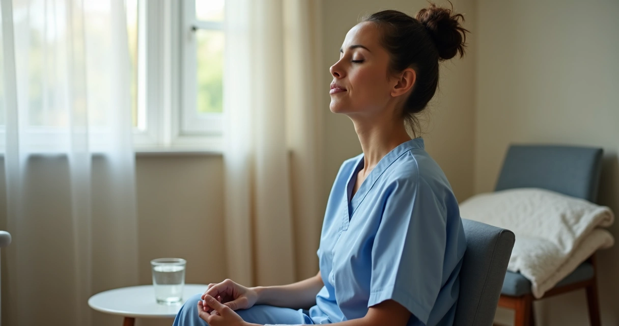 Cuidadora sentada haciendo una pausa consciente en una sala tranquila