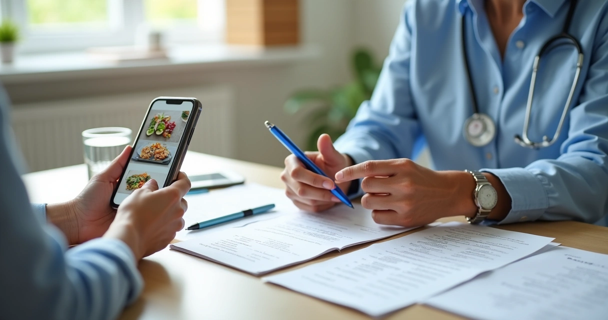 Cuidadora mostrando fotos de refeições para nutricionista