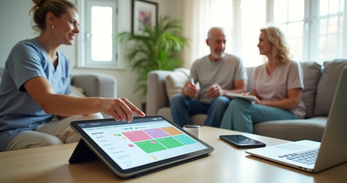 Cuidadores alinhando rotinas em aplicativo de gestão de saúde 