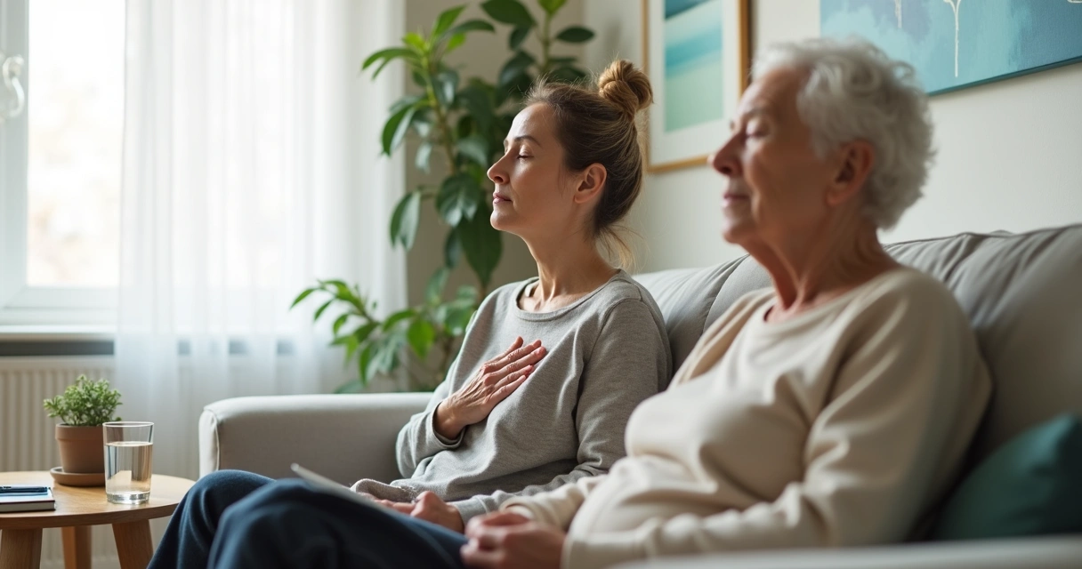 Persona cuidadora respirando aliviada junto a persona mayor en un salón tranquilo 