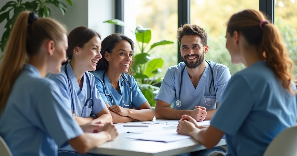 Equipe de cuidadores sorrindo em reunião com líder 
