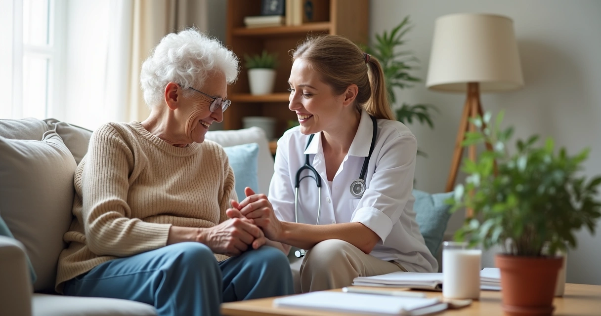 Cuidador sentado ao lado de idoso com Alzheimer em sala de estar 