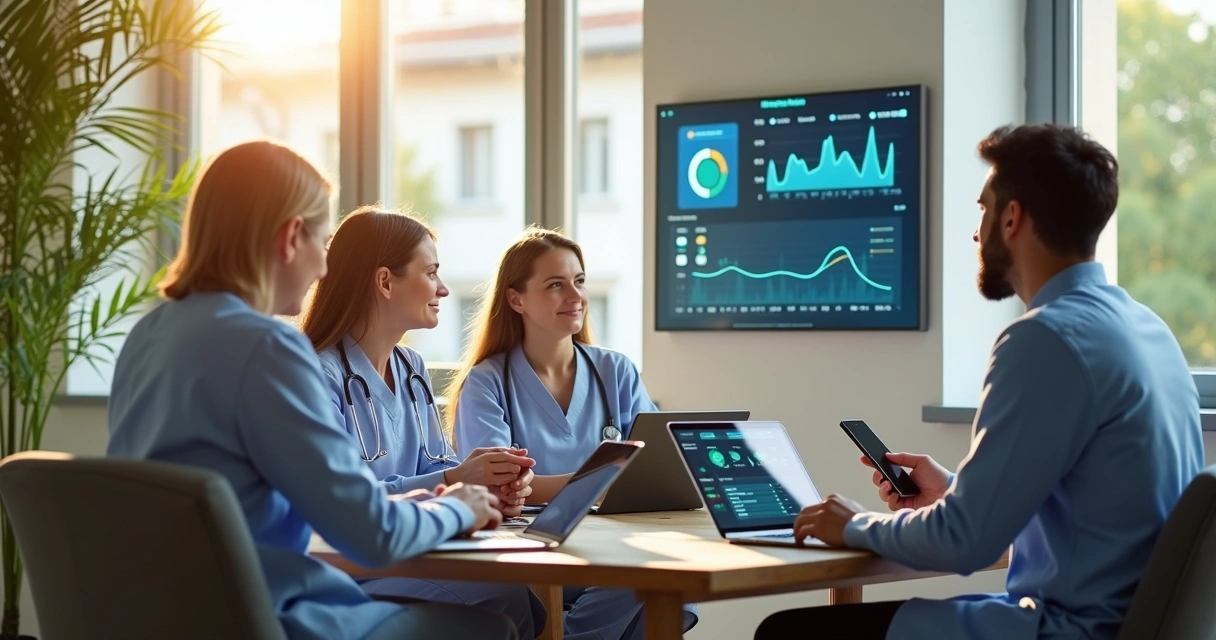 Equipe de cuidadores utilizando painel digital de monitoramento de dados de pacientes em home care