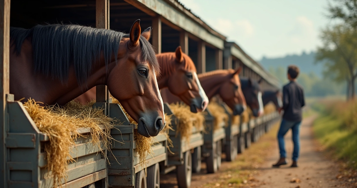 Cavalos sendo alimentados em cocheiras móveis especiais para viagem