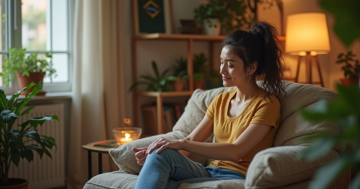 Pessoa praticando autocuidado em ambiente relaxante 