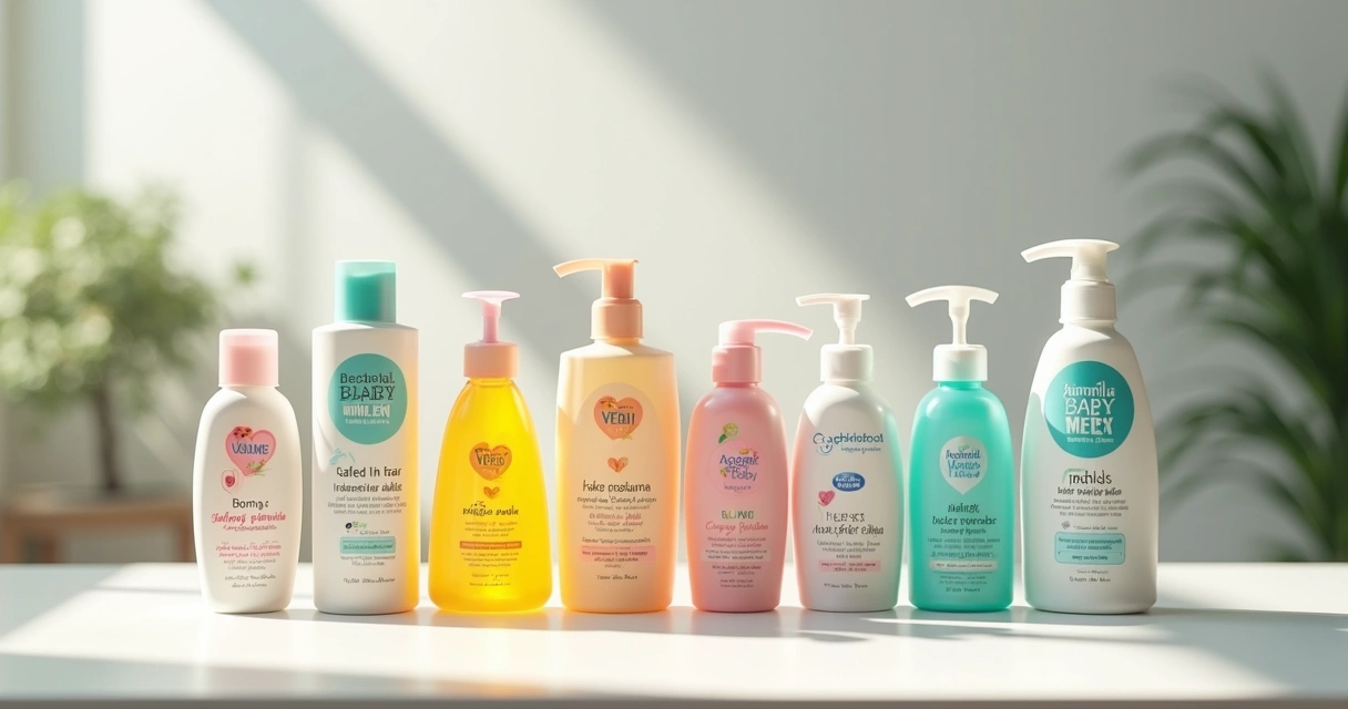 Produtos infantis para cabelo organizados sobre superfície clara com frascos coloridos e rótulos visíveis 