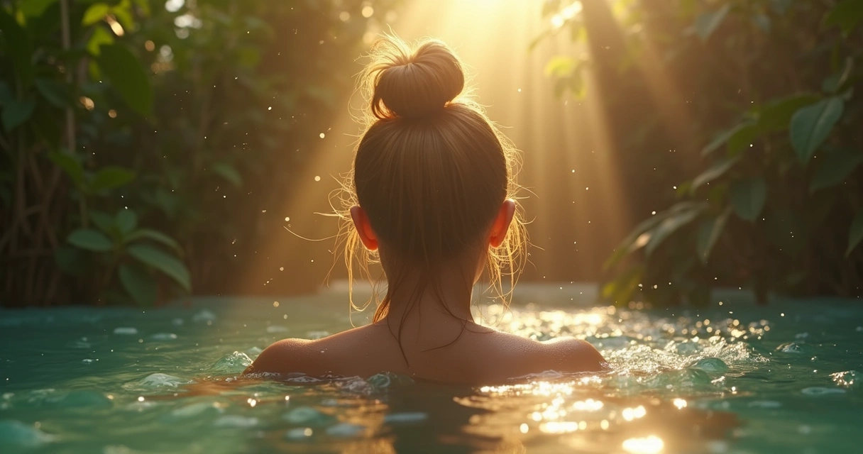 Mulher com cabelos oleosos sendo atendida em banho com luz natural suave e plantas ao fundo 