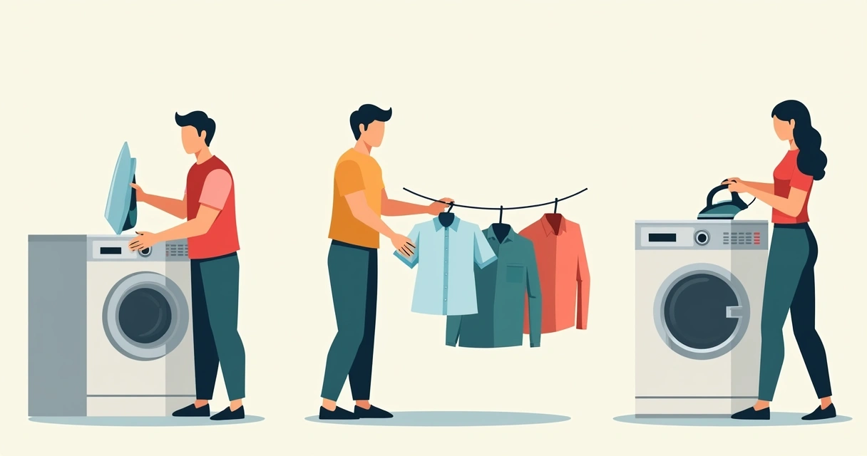 Pessoas cuidando de camisas em diferentes etapas, lavagem e passagem. 