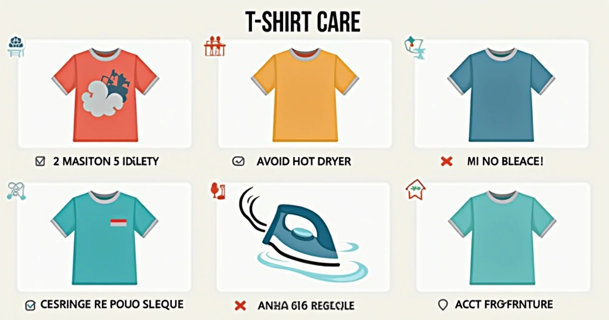 Infográfico destacando dicas de lavagem e conservação para camisetas estampadas 