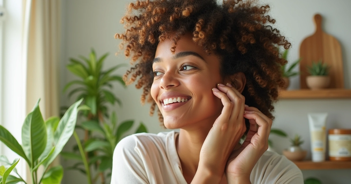 Mulher com cabelos naturais saudáveis usando produtos veganos em cenário claro e sustentável 