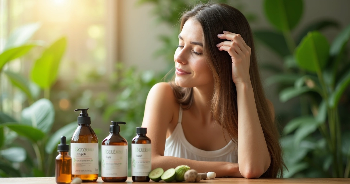 Mulher com cabelos longos tocando o couro cabeludo com expressão de cuidado, rodeada por frascos de produtos naturais veganos e elementos verdes como folhas ao redor 