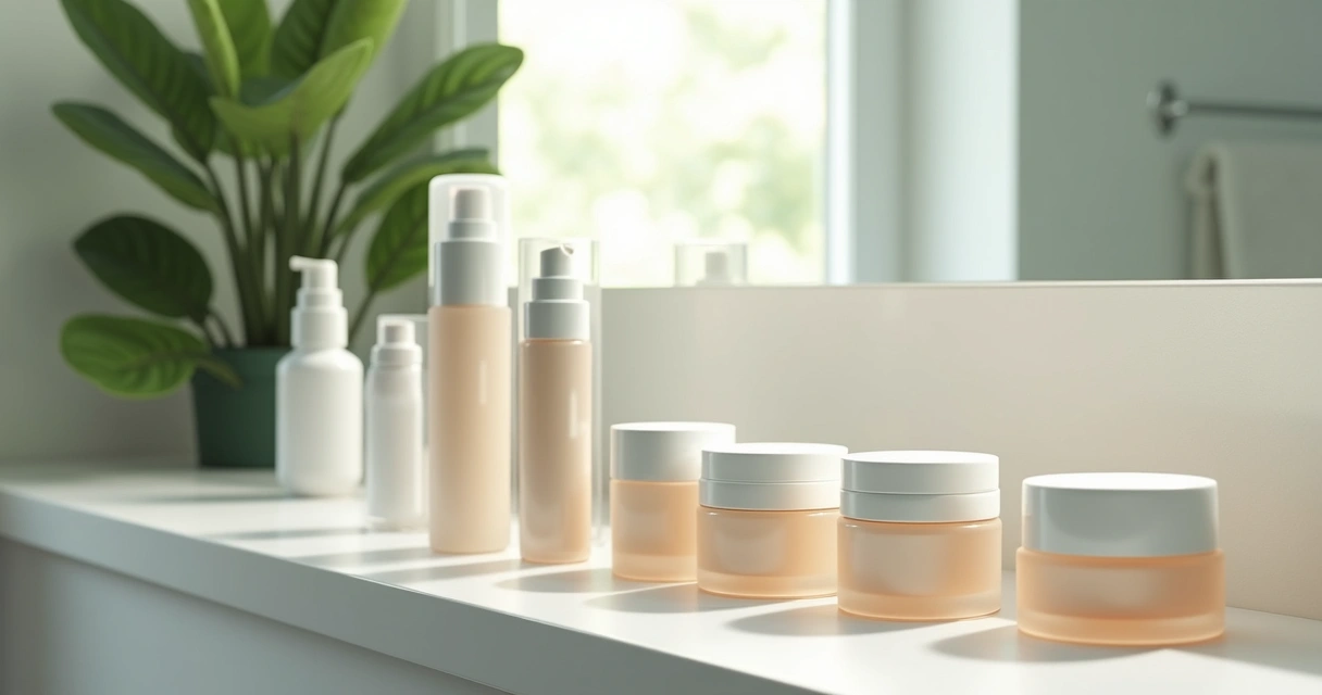 Produtos de cuidado facial organizados em bancada, com espelho ao fundo. 