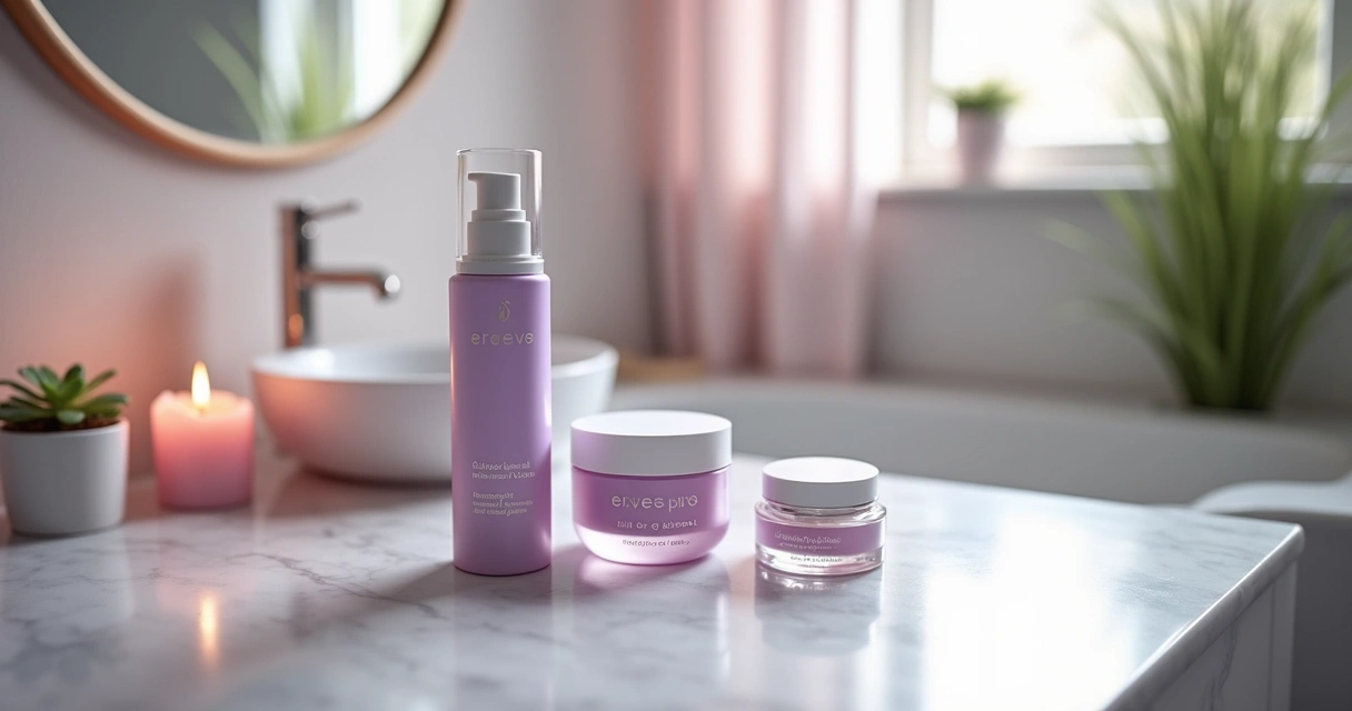 Produtos para cuidados com a pele em um banheiro tranquilo, incluindo removedor de maquiagem e hidratante.