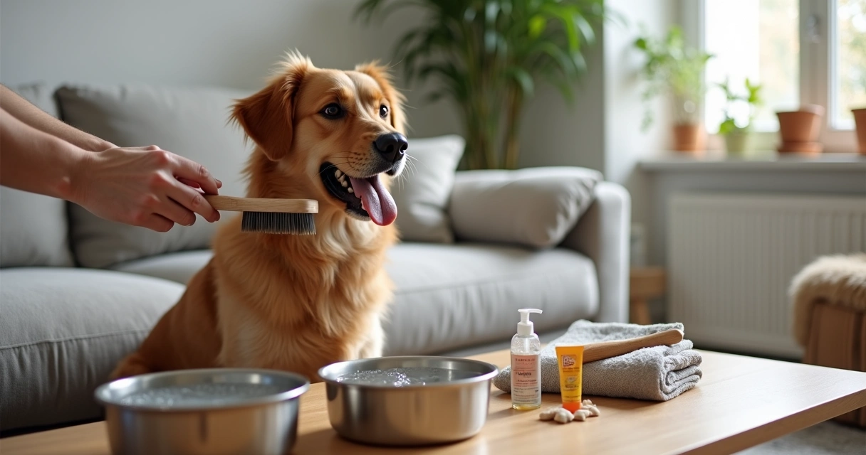 Cão feliz a ser escovado por dona num ambiente caseiro acolhedor 