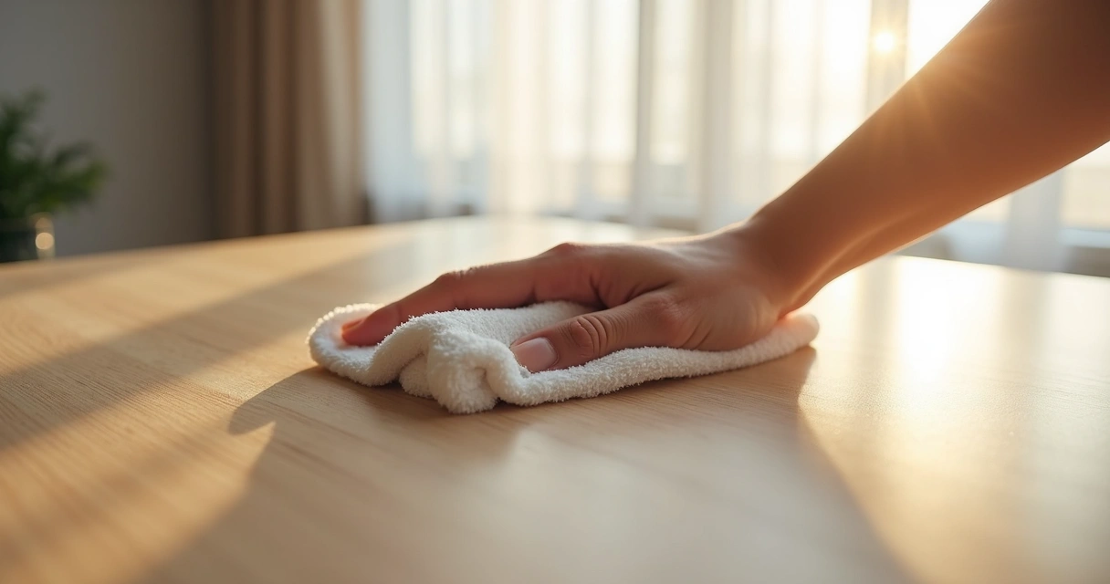 Pano de microfibra limpando superfície de móvel planejado