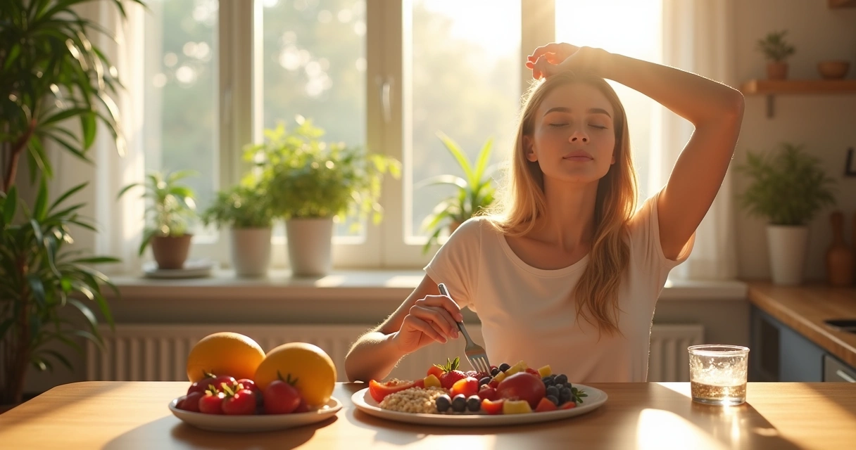 Pessoa tomando café da manhã saudável e praticando alongamento matinal 