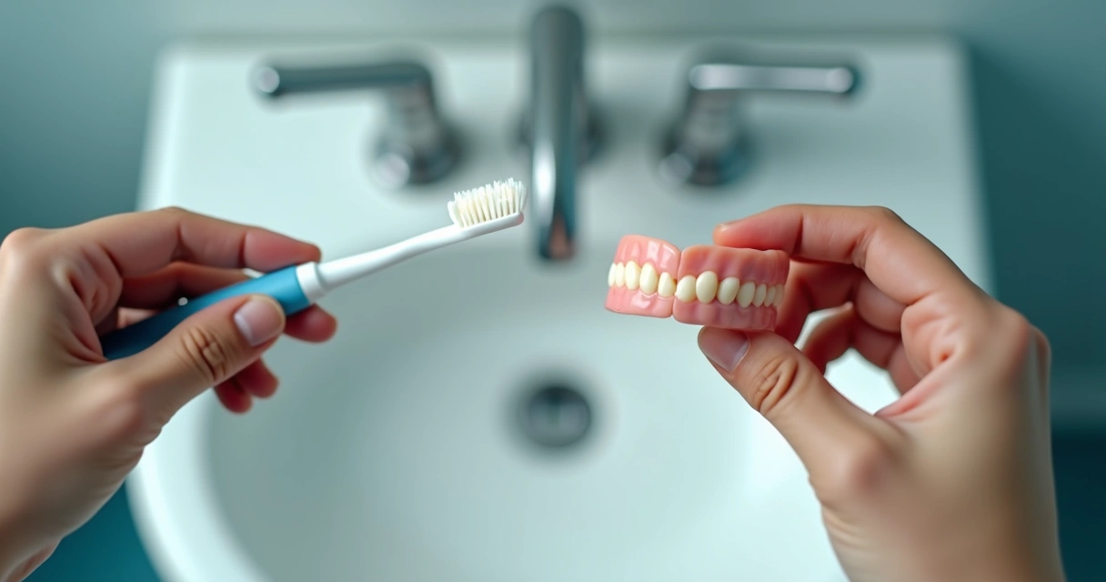 Pessoa segurando escova de dentes e prótese flexível limpa 