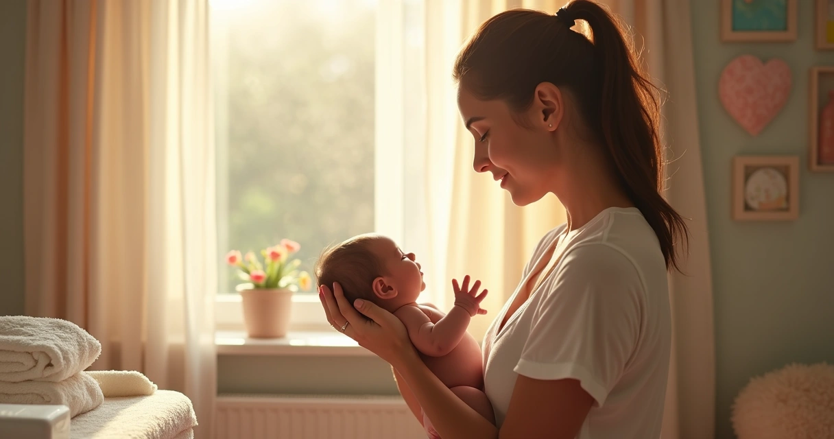 Mãe cuidando delicadamente do recém-nascido em ambiente acolhedor com luz natural 