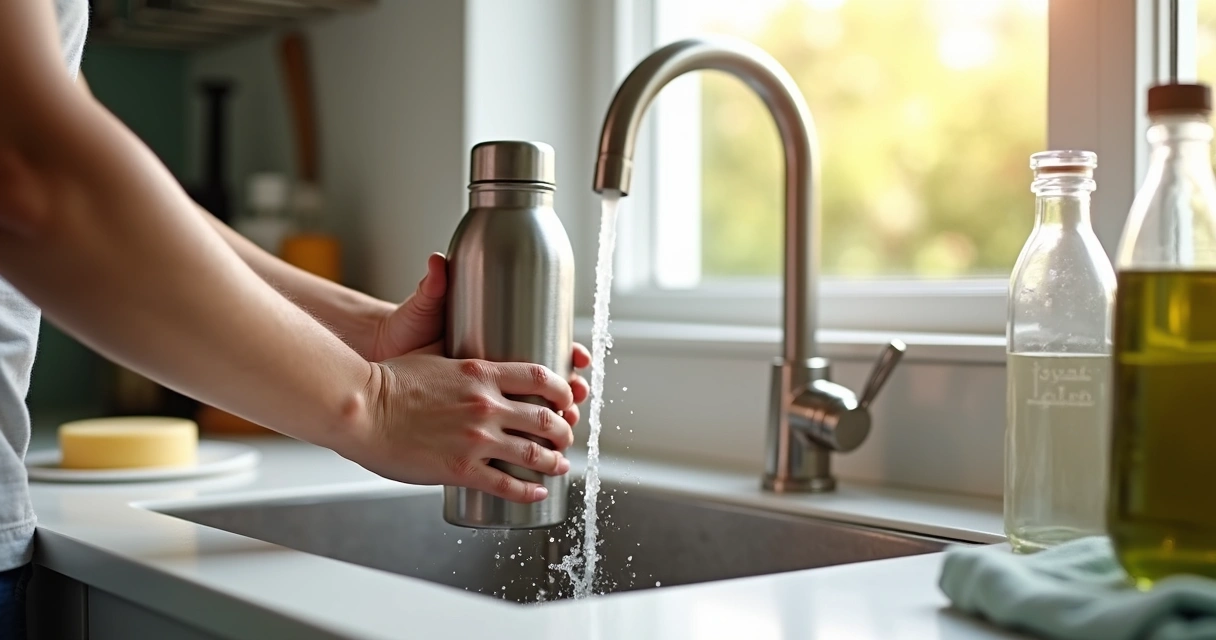 Pessoa lavando garrafa térmica de inox em pia de cozinha 