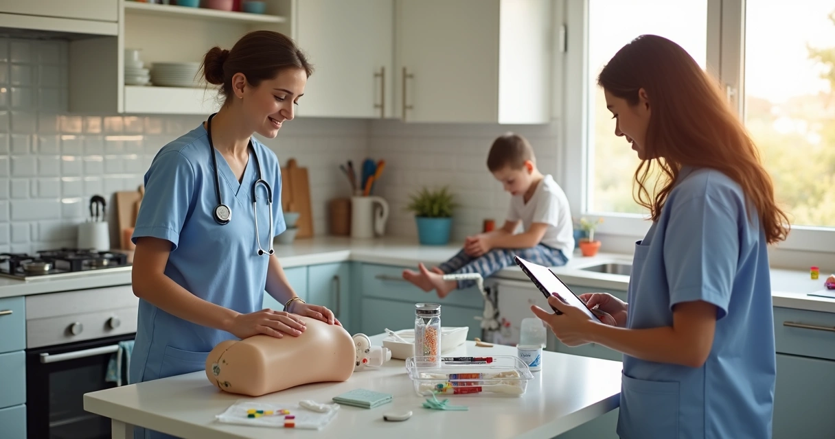 Pai aprendendo cuidados com gastrostomia em criança no ambiente doméstico 