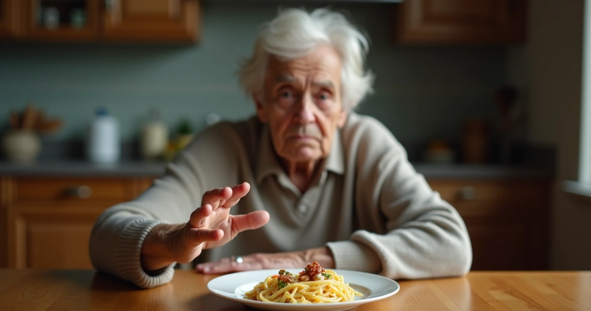 Idoso sentado à mesa com prato de comida intocado à frente, mostrando desinteresse alimentar