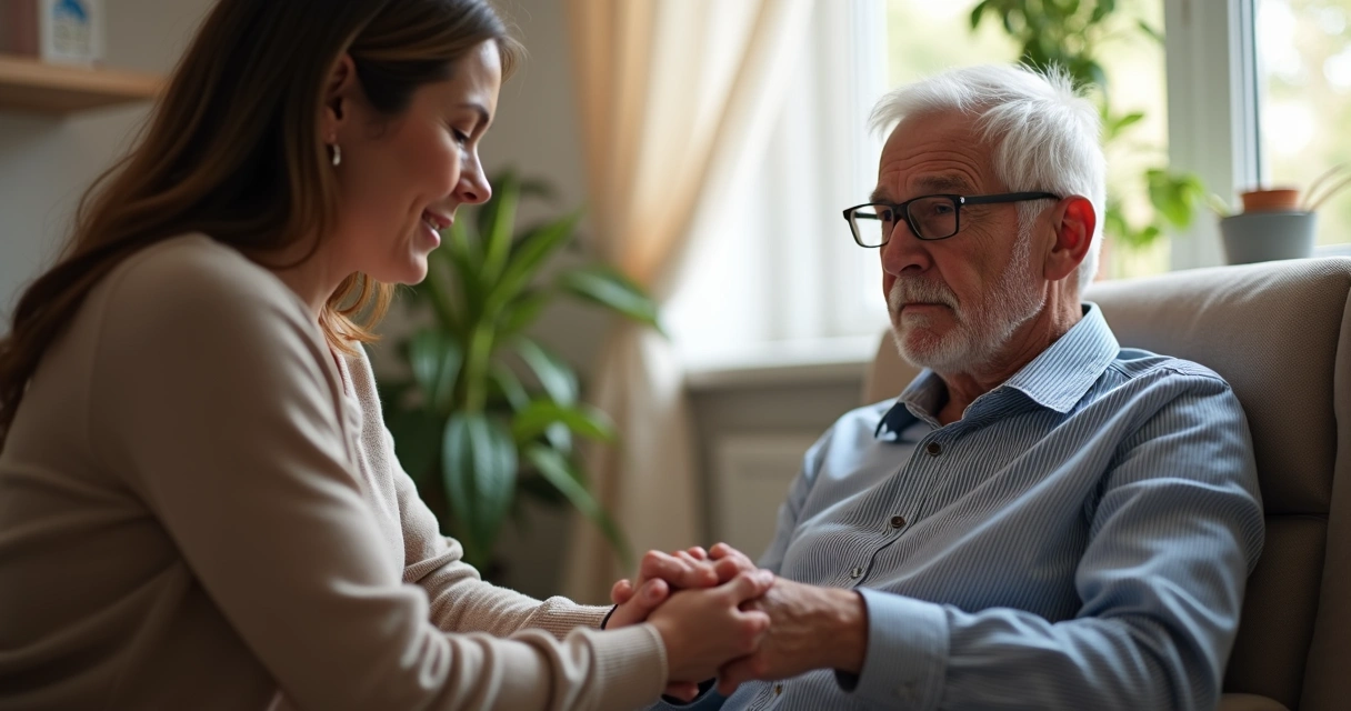Idoso sendo cuidado por familiar atento a sintomas 