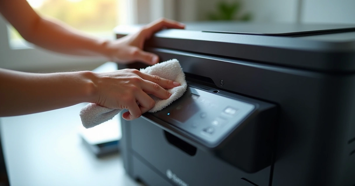Pessoa limpando impressora com pano seco 