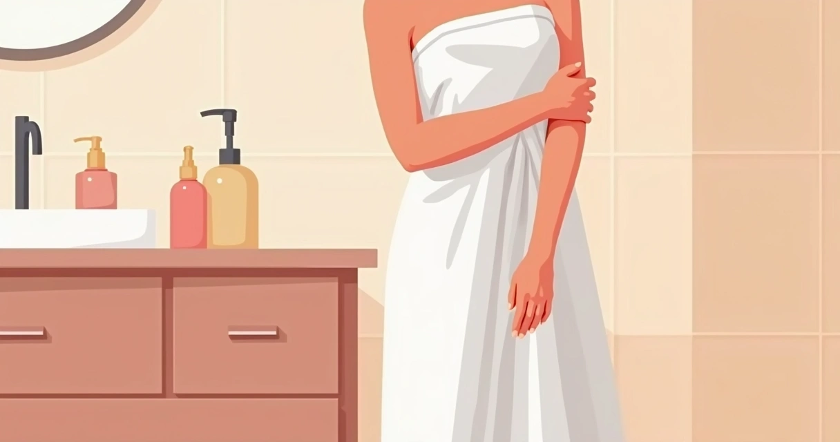 Pessoa sorrindo, segurando toalha macia na altura da cintura em banheiro, elementos discretos de acessórios ao fundo fora de foco.