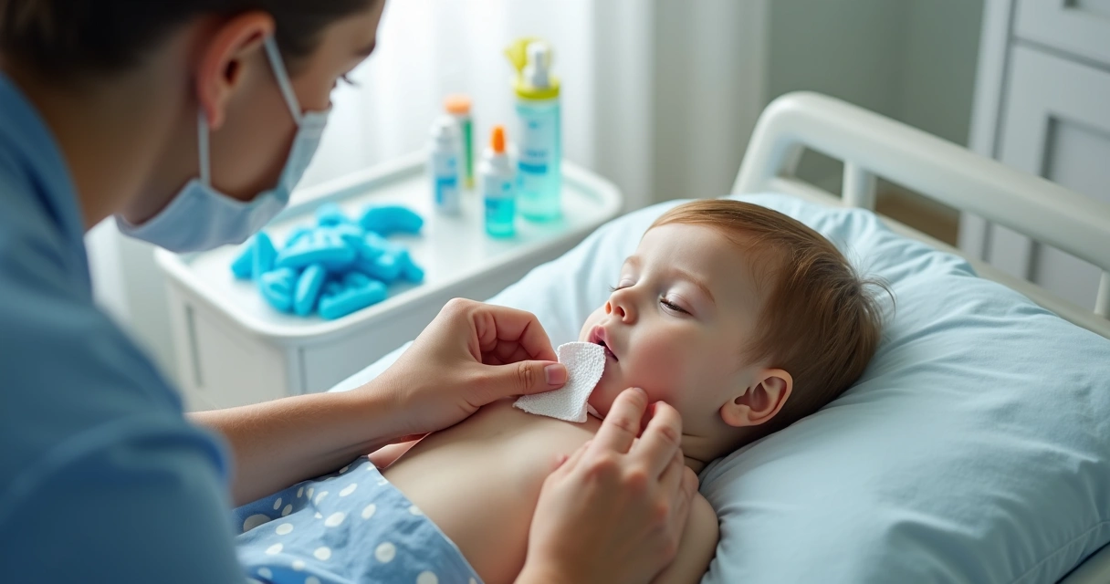 Responsável limpando cuidadosamente o estoma da gastrostomia em criança 