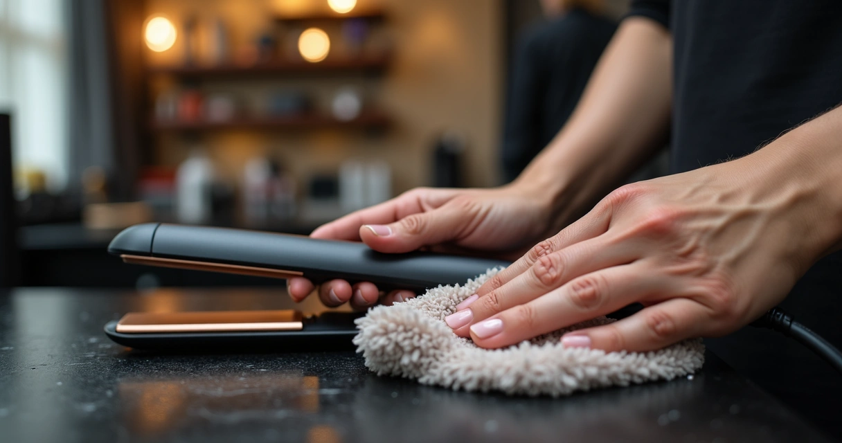 Profissional higienizando prancha profissional com pano seco 