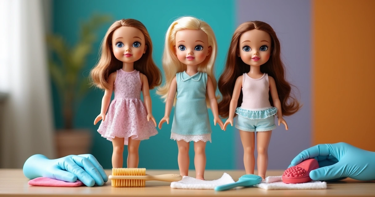 Diferentes tipos de bonecas lado a lado representando cuidados com materiais