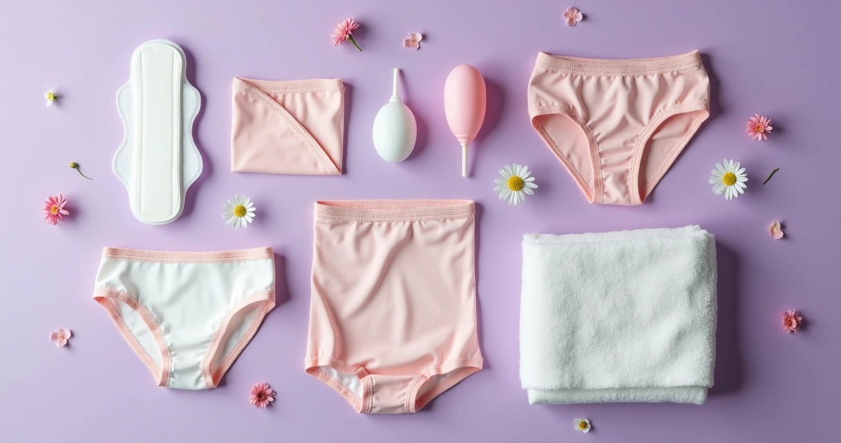 Produtos menstruais, absorventes e coletor ao lado de uma toalha branca 