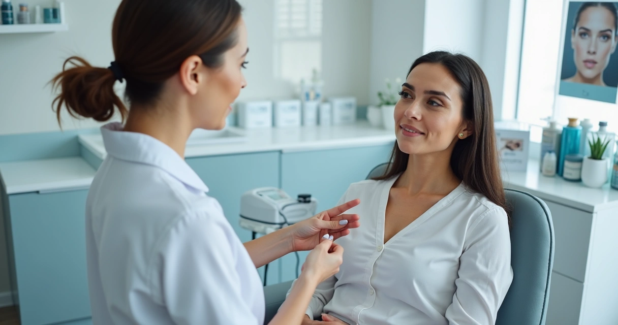 Profissional de estética orientando paciente após harmonização facial 