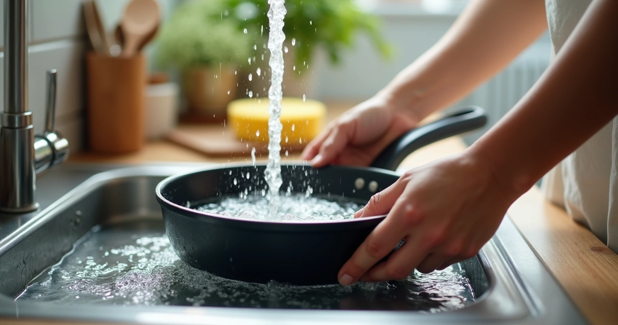 Pessoa lavando panela antiaderente na pia 