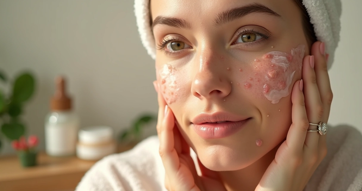 Mãos femininas aplicando creme antiacne no rosto limpo com marcas de espinhas e acne controlada 