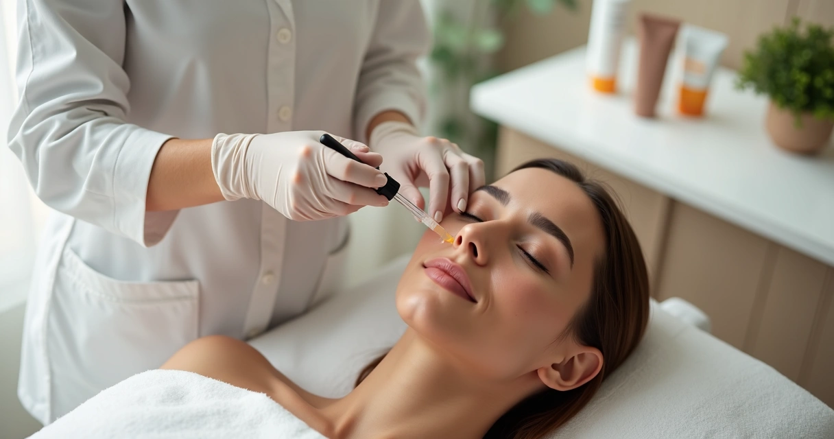 Profissional aplicando sérum calmante no rosto de paciente após microagulhamento 