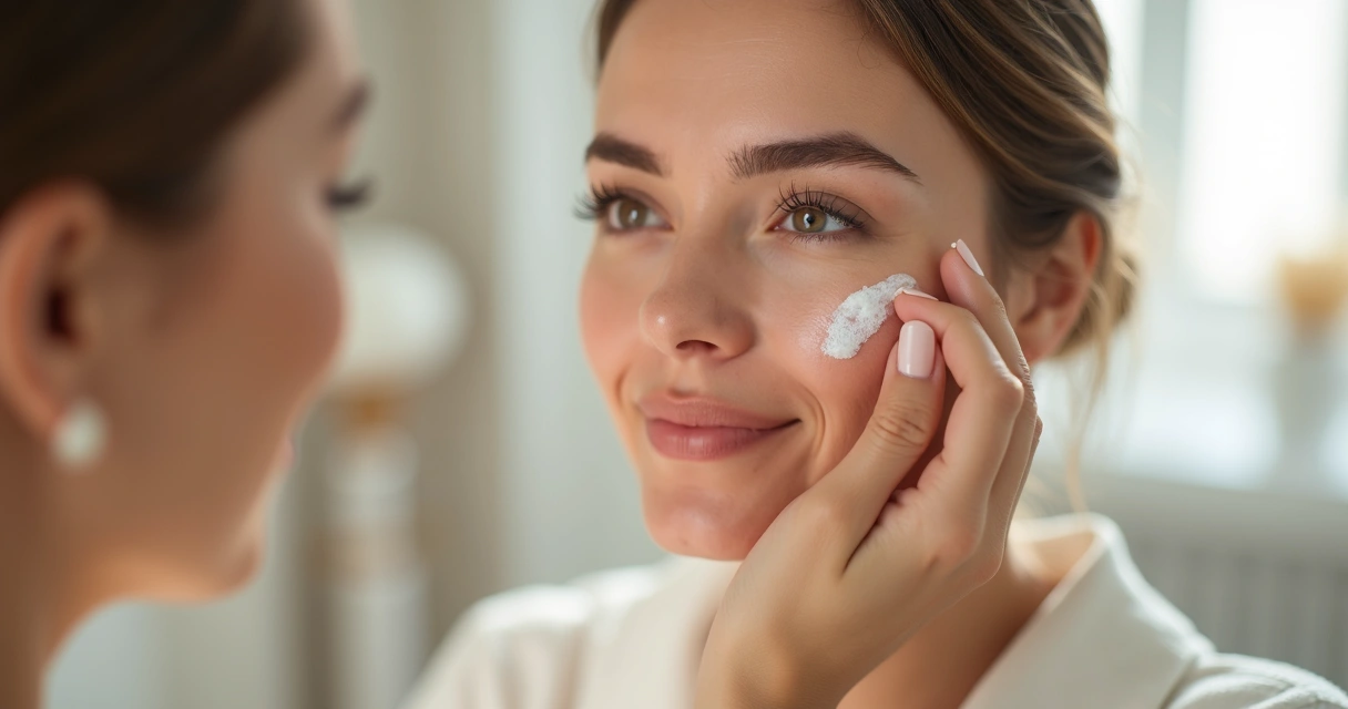 Mãos femininas aplicando protetor solar no rosto logo após um procedimento facial 