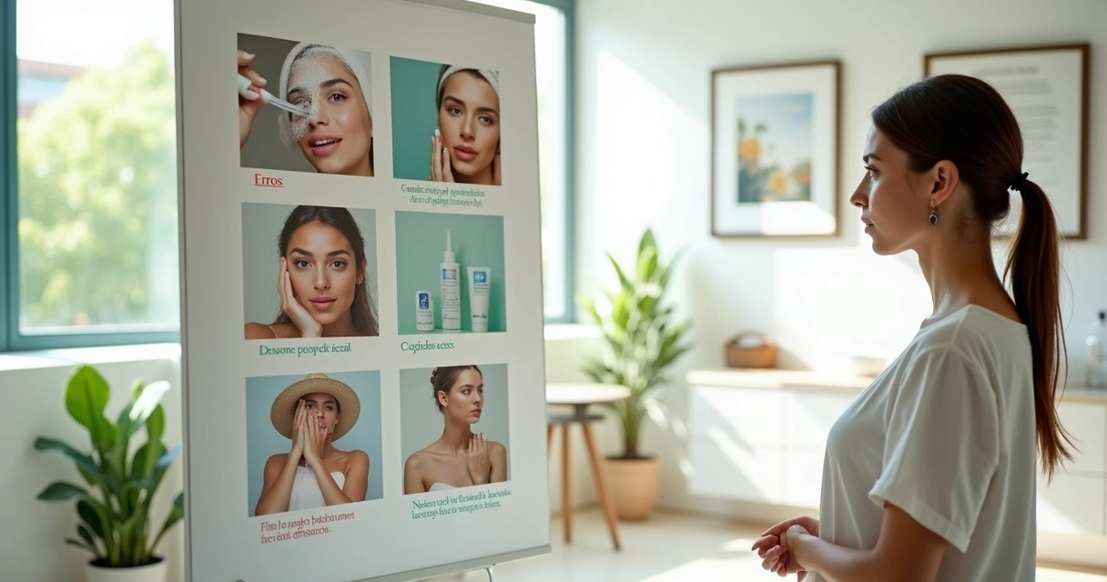 Mulher observando cartazes de erros e acertos nos cuidados com a pele após procedimento estético 