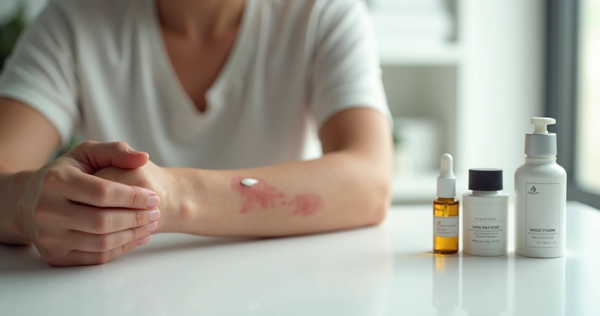 Dermatite de contato: principais causas e prevenção diária 3 Pessoa aplicando creme calmante em área de dermatite no braço.