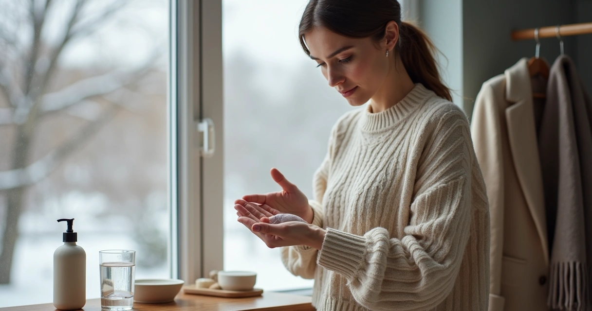 Pessoa com vitiligo hidratando a pele no inverno perto de janela com luz suave 