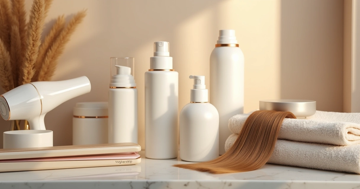 Produtos de cuidado pós-alisamento ao lado de prancha e secador 