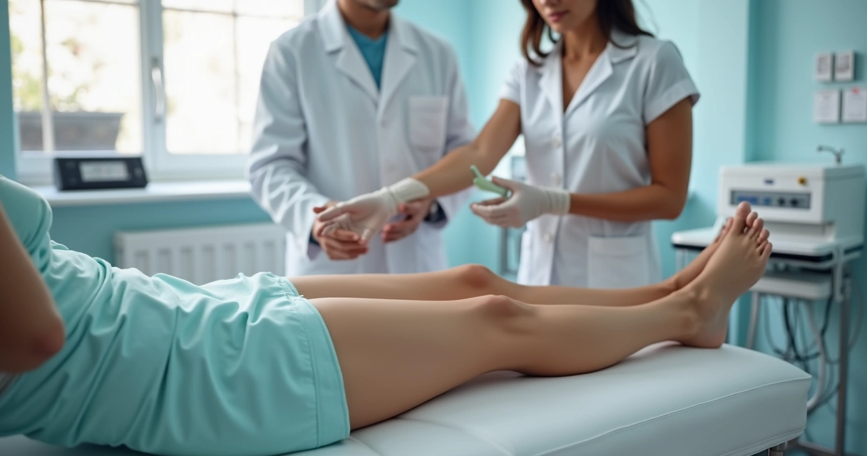 Pernas recebendo cuidados pós-escleroterapia em consultório de Campinas