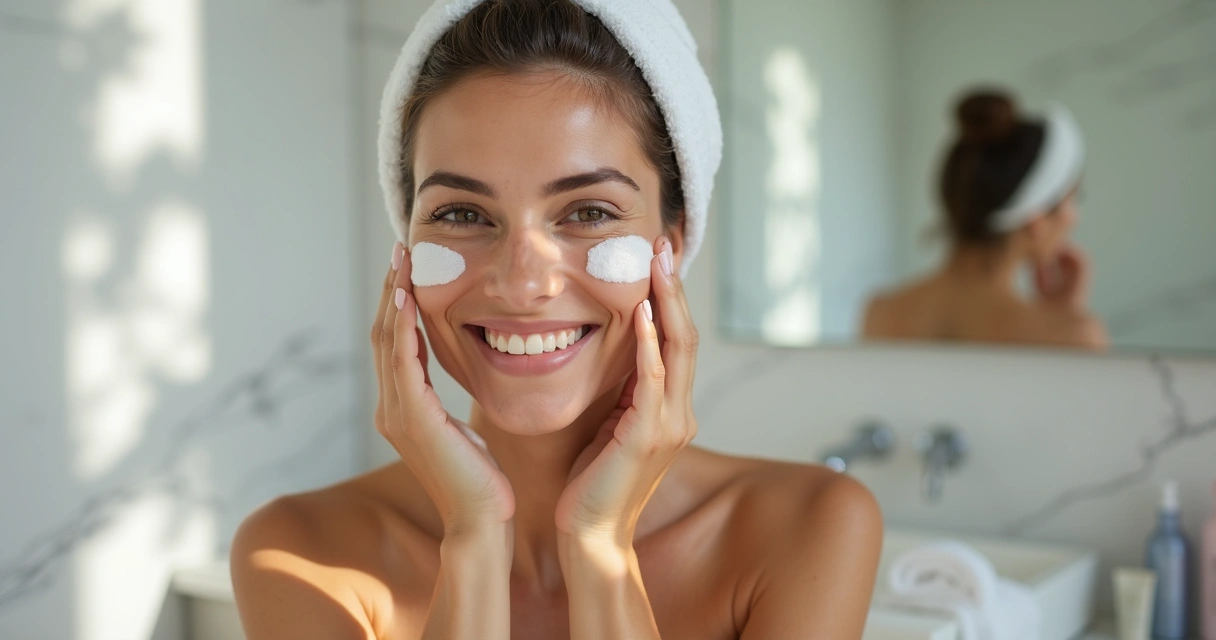 Mulher aplicando creme facial em ambiente iluminado após harmonização facial 