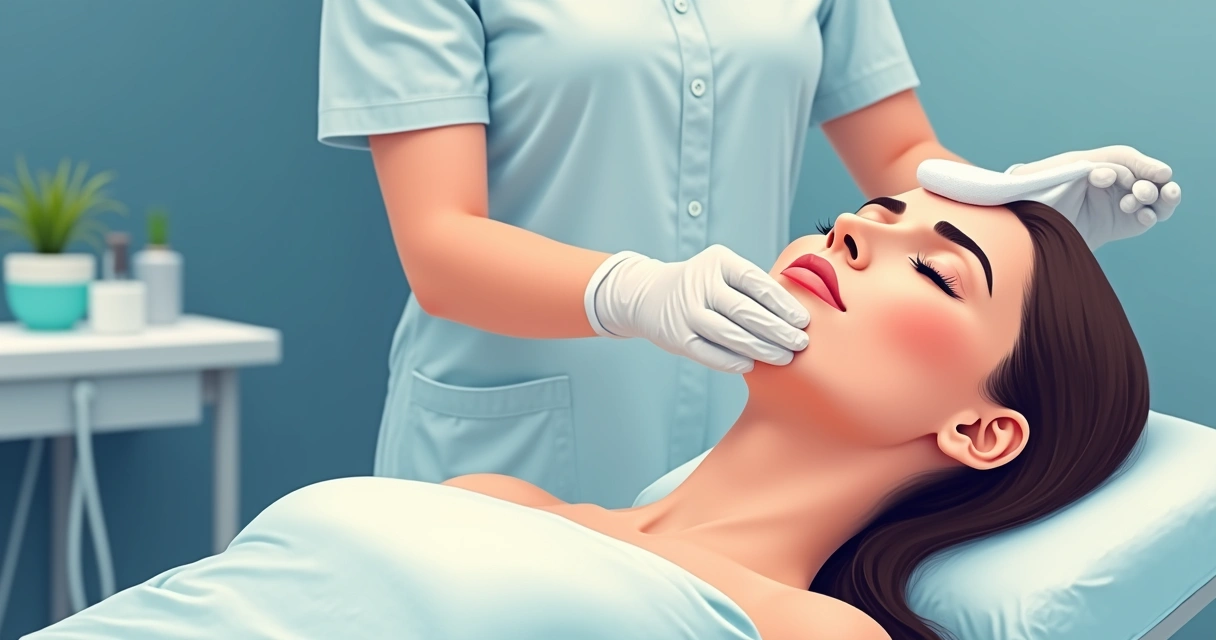 Profissional aplicando compressa fria no rosto de uma mulher após procedimento estético 