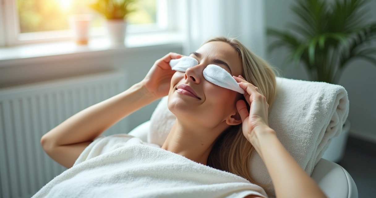 Paciente mulher cuidando das pálpebras com compressa fria no pós-operatório 