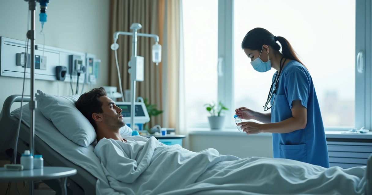 Paciente em recuperação pós-operatória recebendo cuidados médicos no hospital 