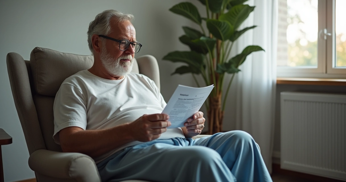 Homem adulto sentado em poltrona lendo instruções médicas após procedimento íntimo 