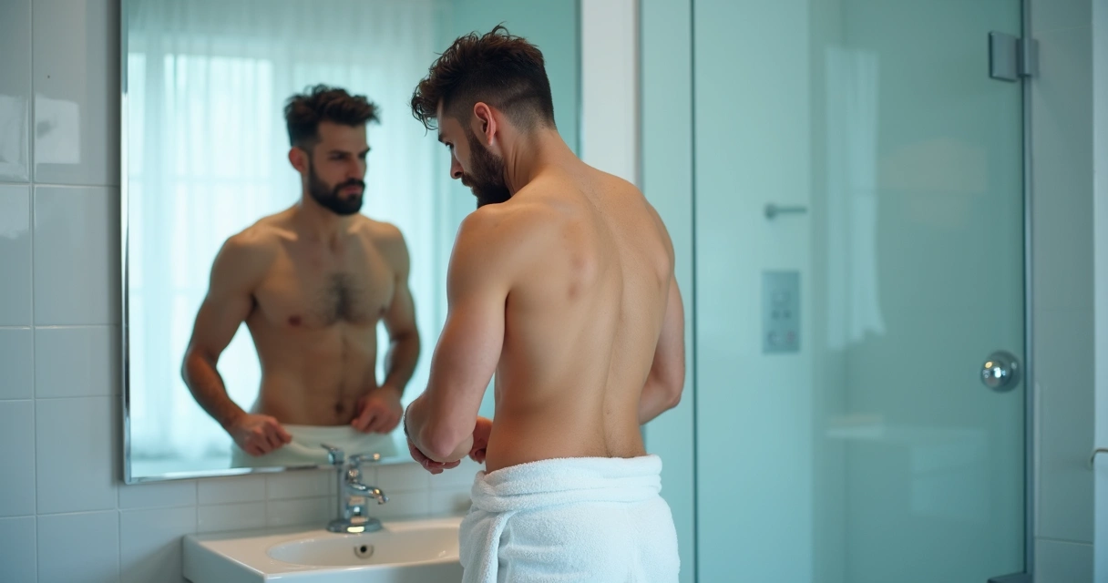 Homem analisando região íntima após preencher o pênis 