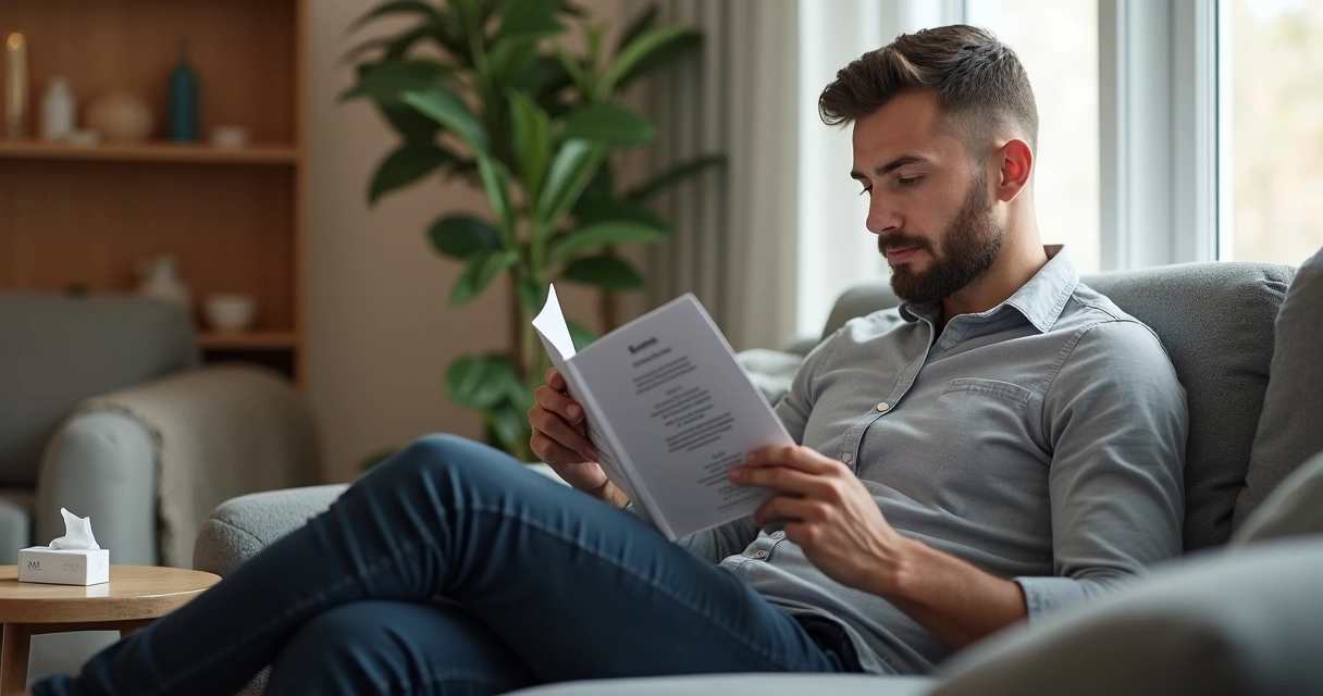 Homem sentado lendo instruções de cuidados pós preenchimento peniano em ambiente moderno. 