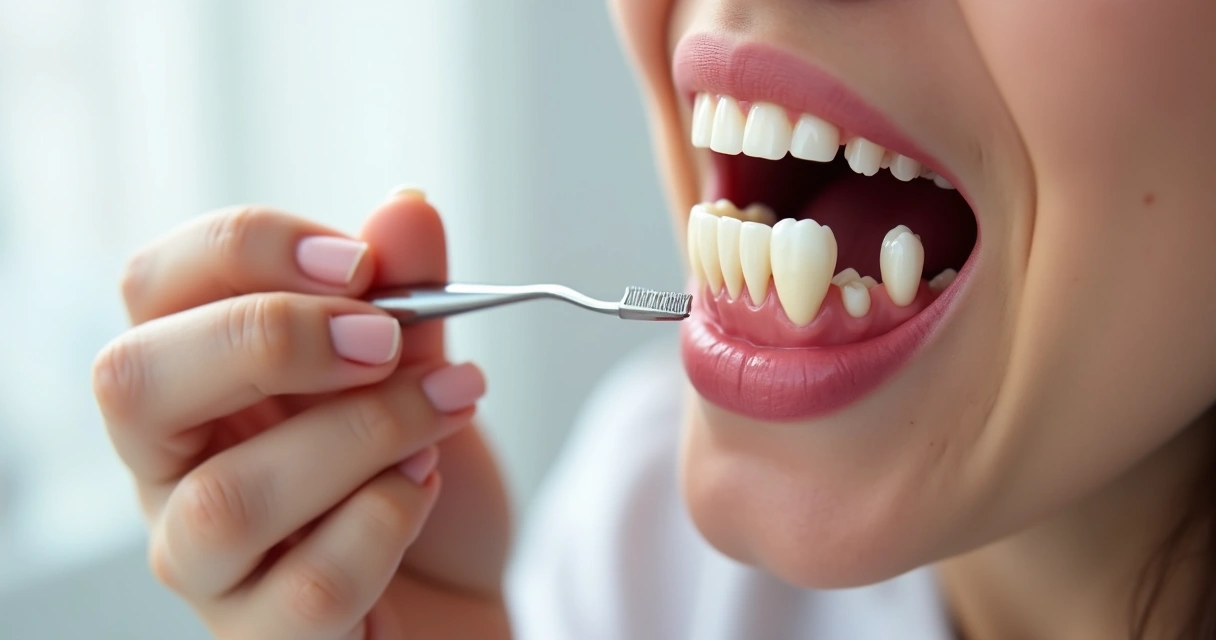 Paciente realizando higienização de uma prótese dentária sobre implante, utilizando escova interdental.